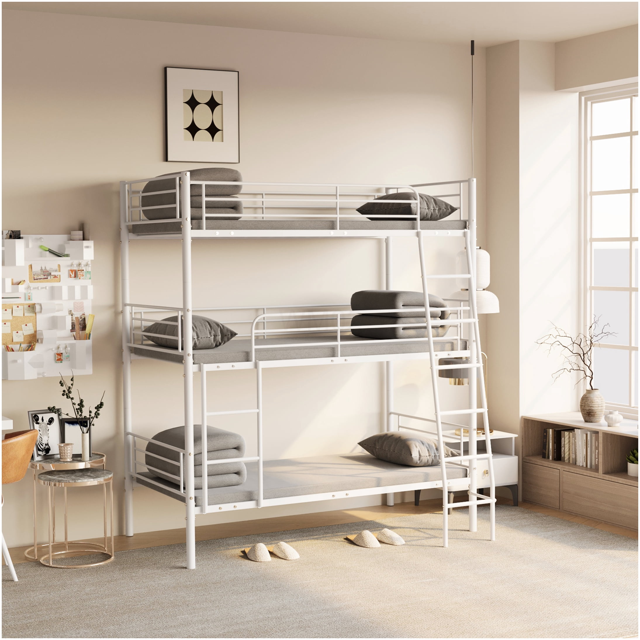 Stackable Bed Ladder White Triple Bunk Bed, Twin Size 3 Tier Metal Stackable Bed Frame with ...
