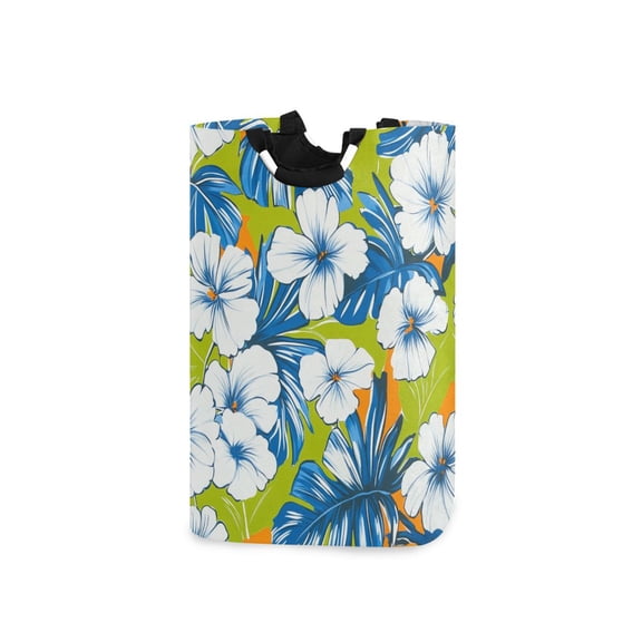 White Tropical Flowers Blue Palm Leaves Laundry Basket with Handles Foldable Laundry Hamper Freestanding Washing Bin 50L