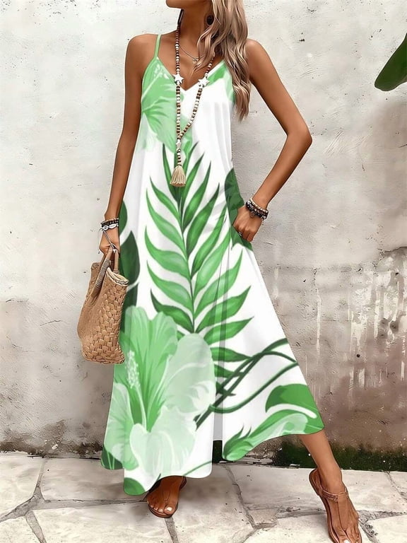 White Tropical Leaf Print V-Neck Camisole Maxi Dress With Thin Straps