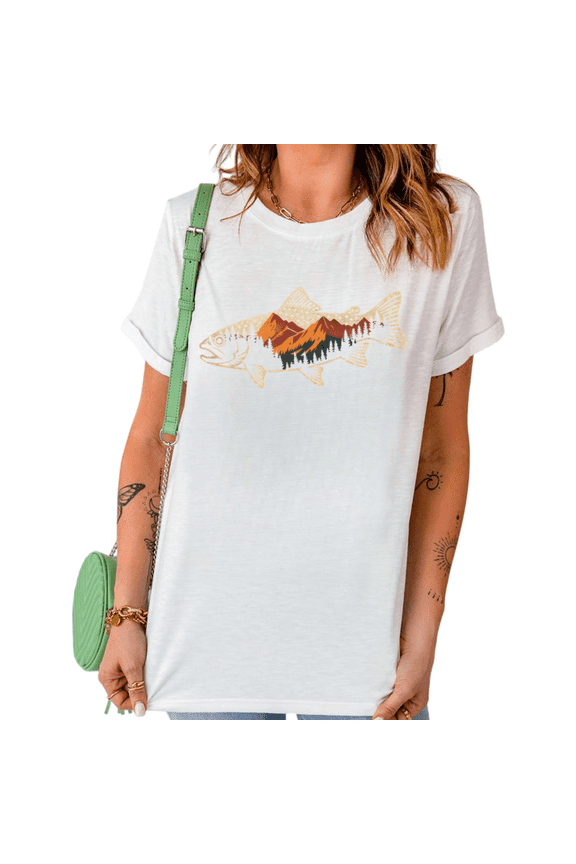 White Trout Fish Mountain Forest Nature Fishing Graphic Print Tshirt Graphic Tees Shirts Outdoor Hiking Camping Casual Tops S-5XL