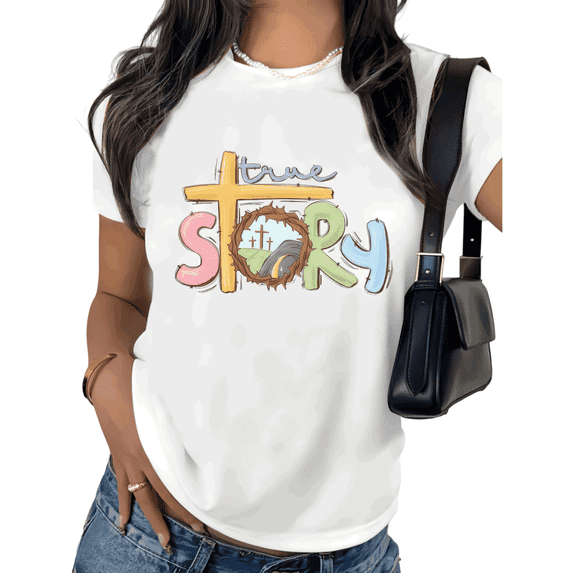 White True Story Christian Easter Cross Crown Tomb Print Tshirt Graphic Tees Religious Faith Resurrection Church Gift S to 5XL Tops