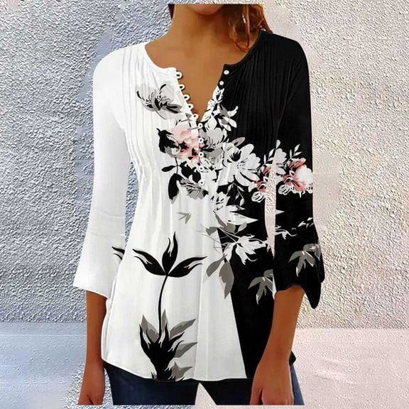 White Tshirts for Women Summer Tops for Women 2025 Trendy Boho Floral Print Tunic Shirts 7 Sleeve V Neck Tshirt Casual Loose Blouse Going Out Tops for Women