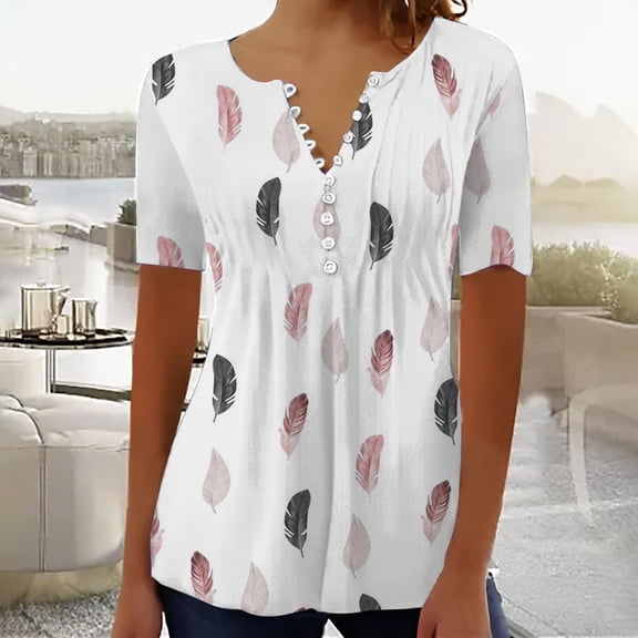 White Tshirts for Women Summer Tops for Women 2025 Trendy Boho Floral Print Tunic Shirts Short Sleeve V Neck Tshirt Casual Loose Blouse Going Out Tops for Women
