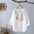 thumbnail image 1 of White Tshirts for Women Floral Tops Cotton Linen Shirts Boho Ethnic Style Tee Women 3/4 Sleeve V Neck Button Tunic Tshirt Going Out Tops for Women, 1 of 4