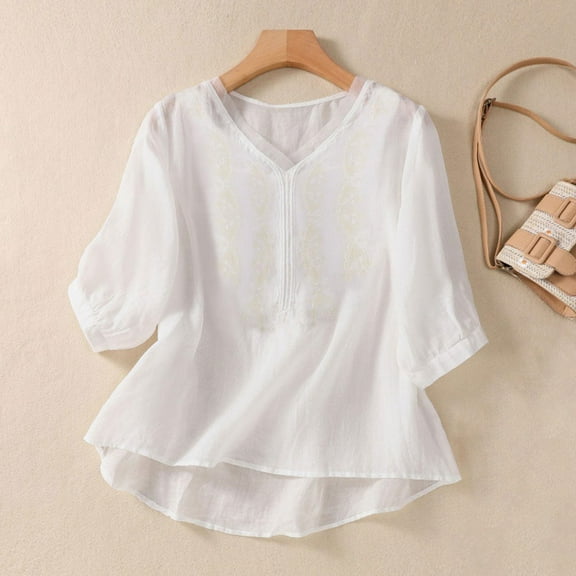 White Tshirts for Women Floral Tops Cotton Linen Shirts Boho Ethnic Style Tee Women 3/4 Sleeve V Neck Button Tunic Tshirt Going Out Tops for Women