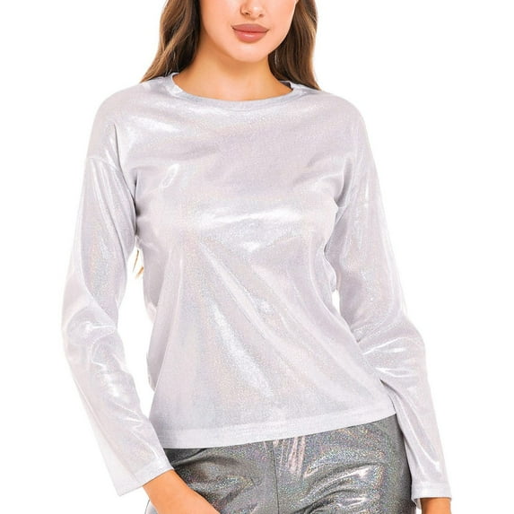 White Tshirts for Womens Fashion Solid Color Reflective Shiny Metallic Round Neck Long Sleeve Top T Shirt Womens Shirts