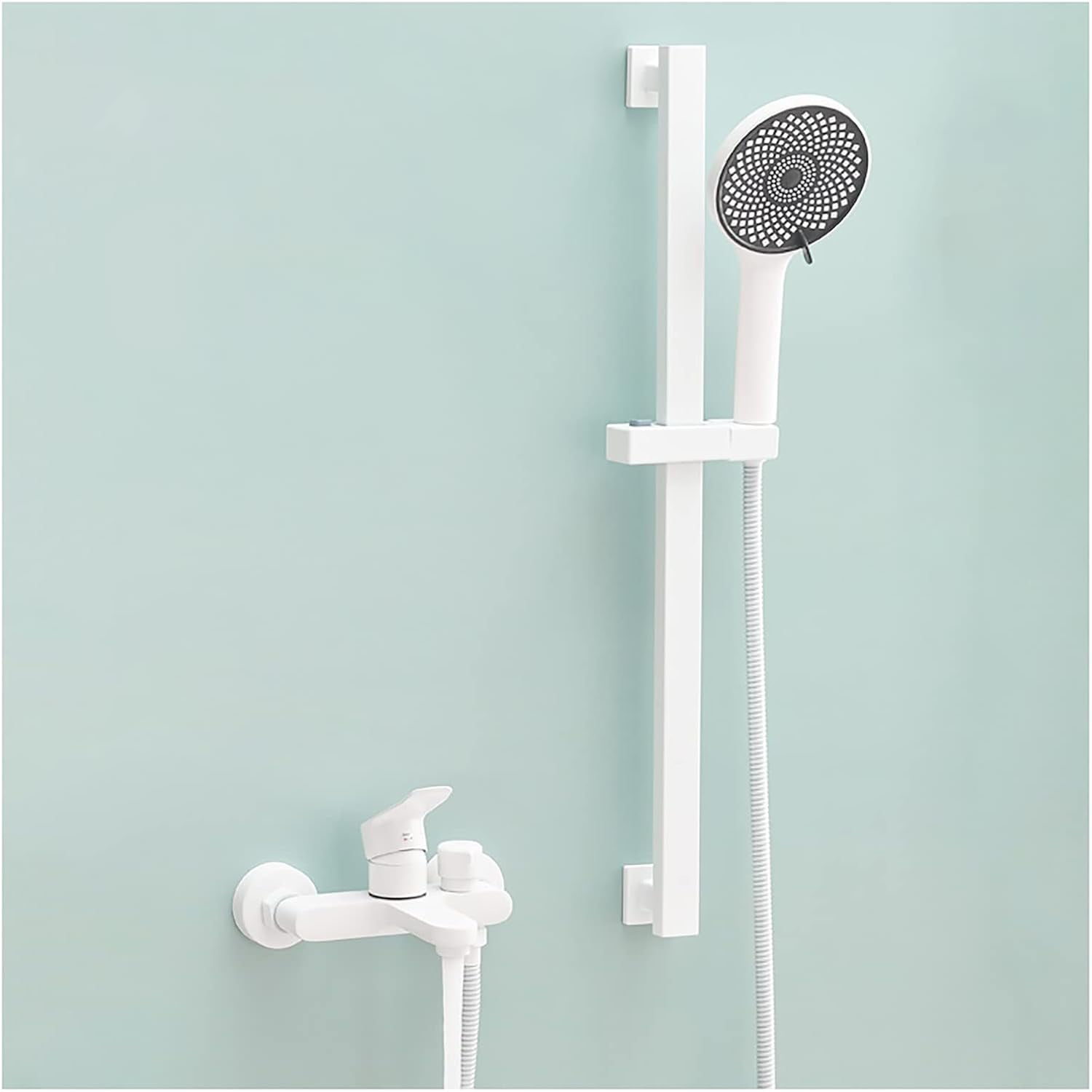 White Tub Faucet Single Handle 2 Holes Bathtub Faucet Wall Mount Tub Filler Faucet Brass Tub Mixer Tap with 3 Spray Handheld Shower, Shower Slide Bar