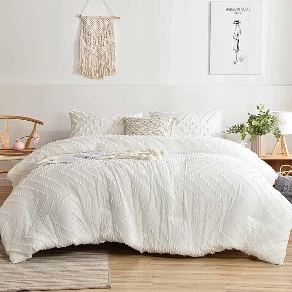 White Tufted 3- Comforter Set, 88 x 90 in | Boho Stlye, Ultra Soft, Breathable