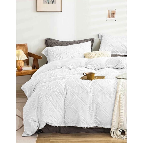 White Tufted Comforter Set Jacquard Boho Geometry Soft Shabby Chic Reversible Down Alternative Microfiber Bedding - Duvet Modern Bed Sets Women Men Size 104 x 90 3 count
