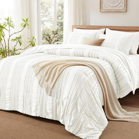 White Tufted Comforter Set Queen Size 7 Piece Bed in a Bag,Shabby Chic Boho Bedding for Bedroom Comforter,All Season Soft Microfiber Ruffle Comforter Set with Pillow and Sheets