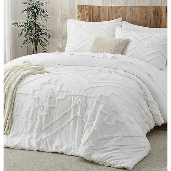 Pooja Handicrafts Boho Style 3-Piece White Tufted Cotton Duvet Cover Set - Twin