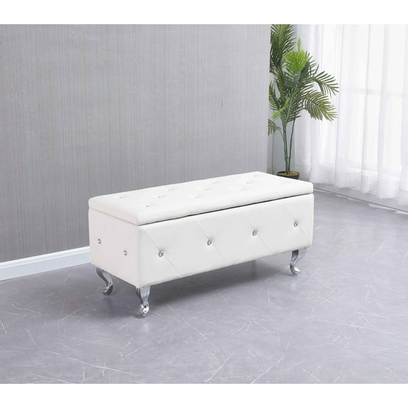 White Tufted Hard Wood Storage Bench