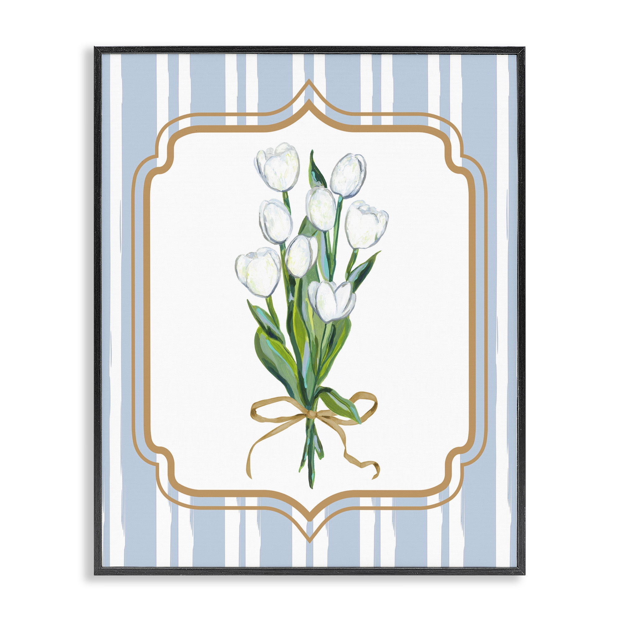 White Tulip Bouquet & Stripes Black Framed Giclee Art, design by Adonna Ebrahimi