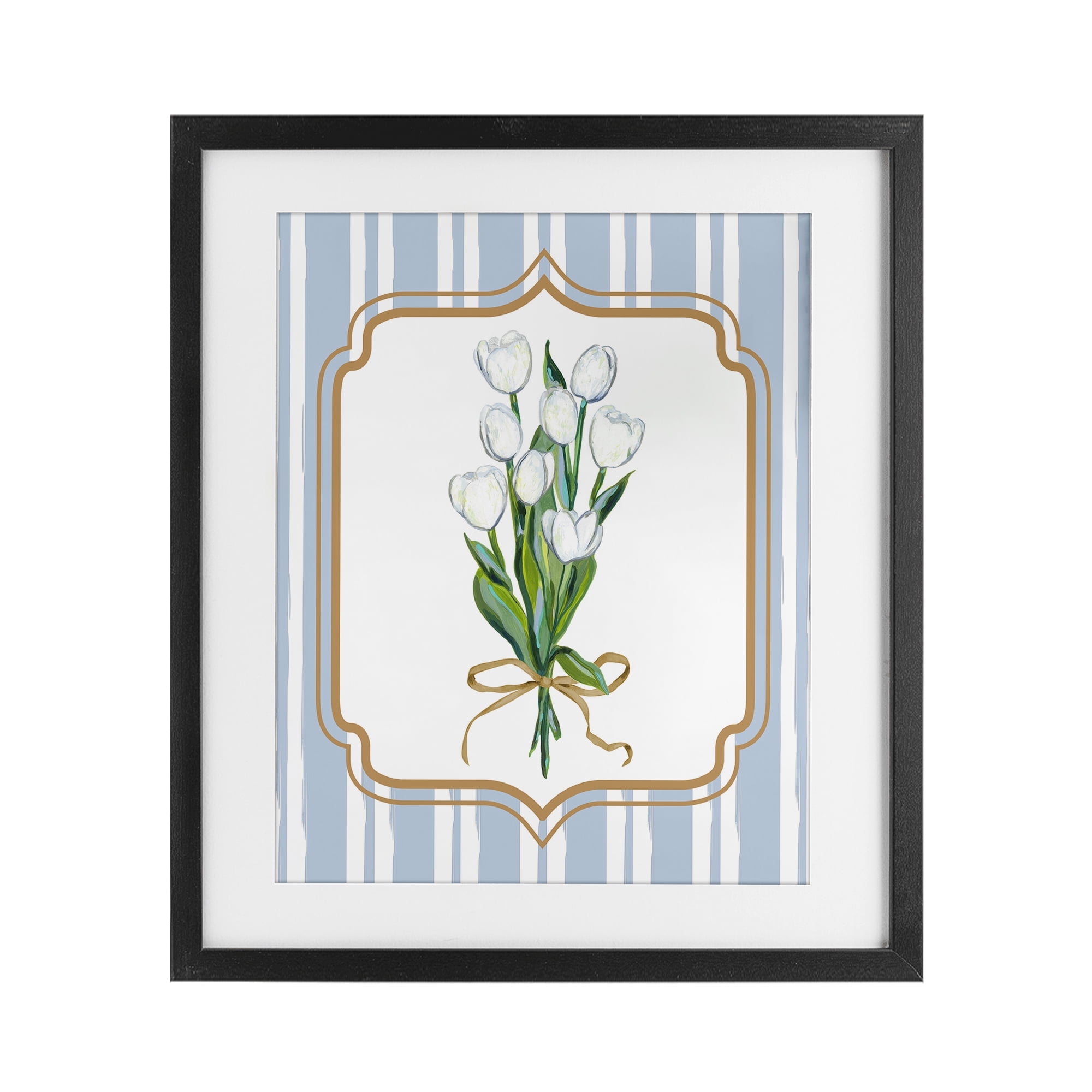 White Tulip Bouquet & Stripes Black Framed Print Under Glass, design by Adonna Ebrahimi