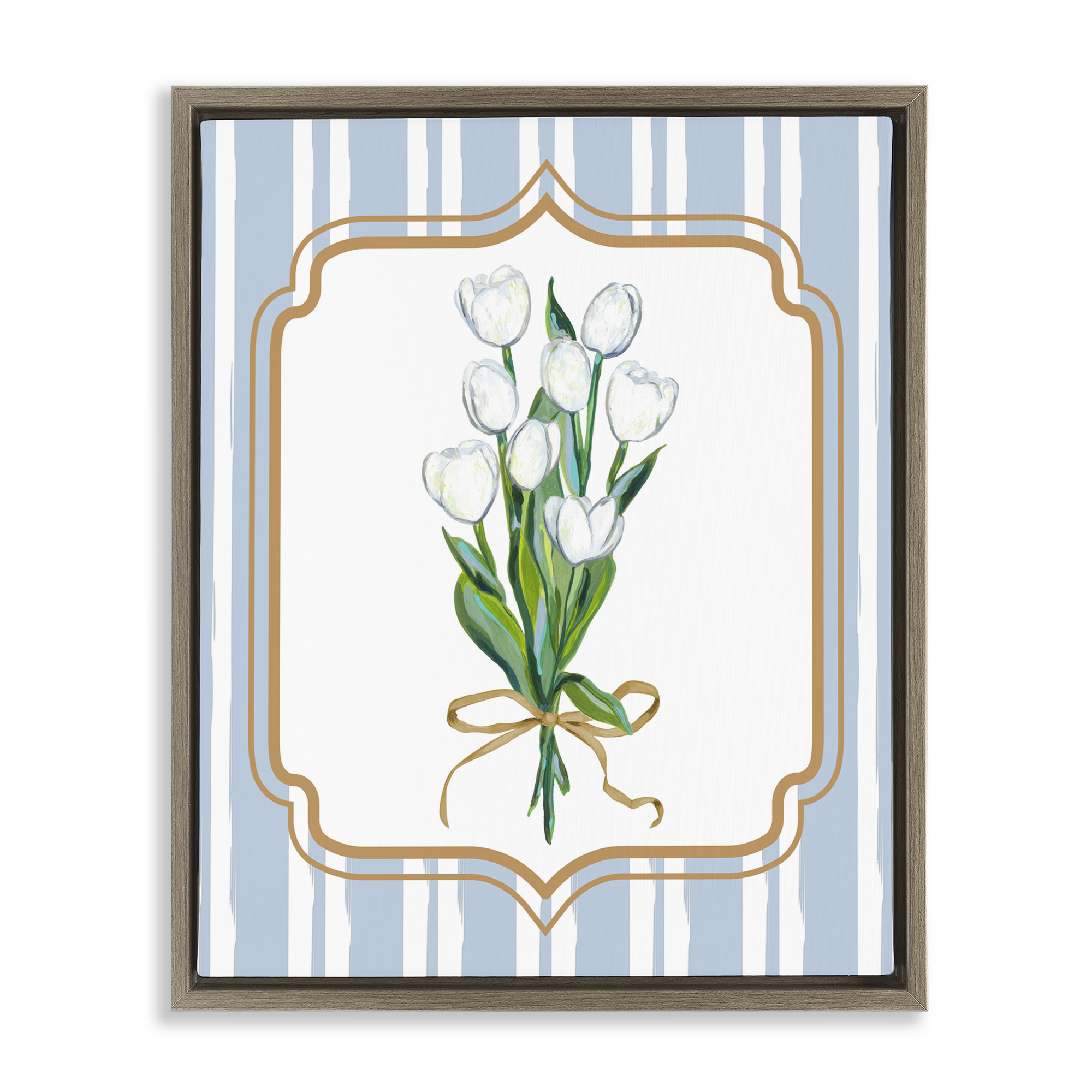 White Tulip Bouquet & Stripes Brown Framed Floater Canvas Wall Art, design by Adonna Ebrahimi