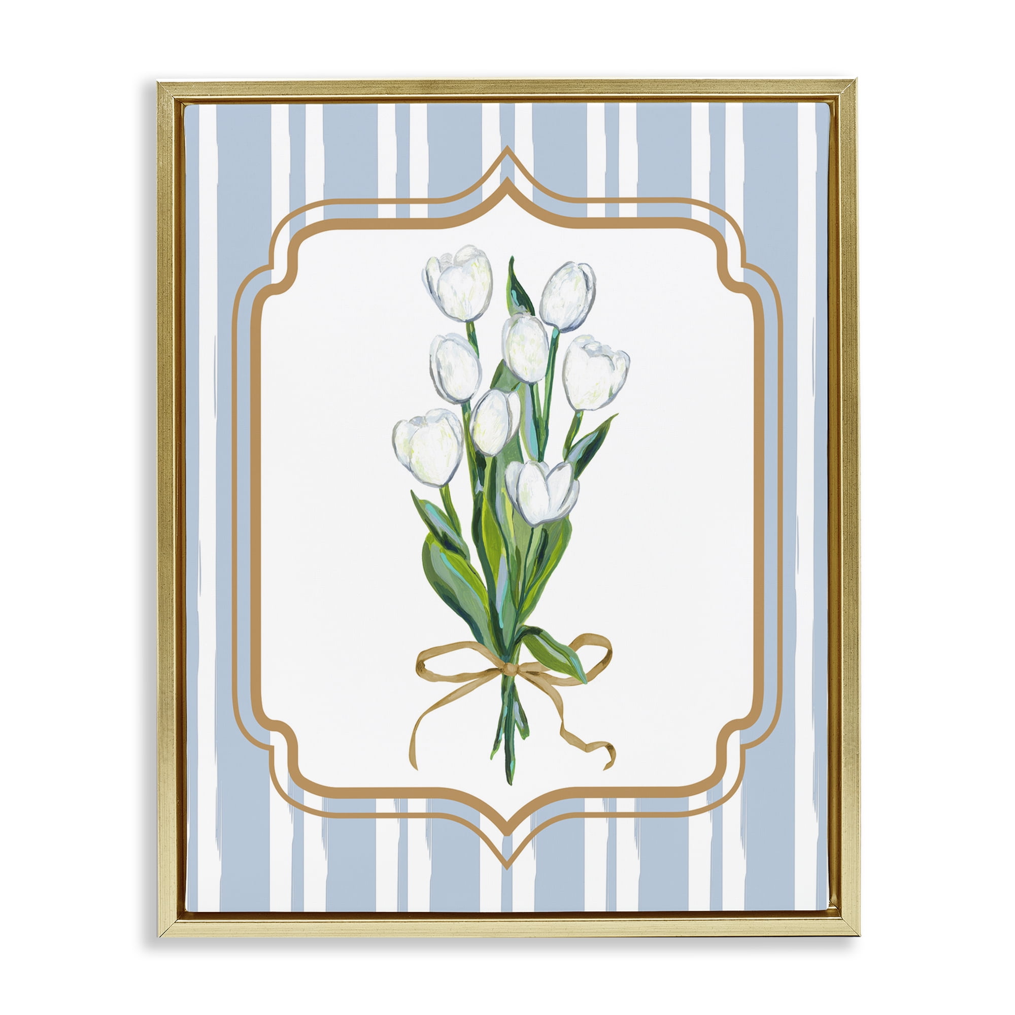 White Tulip Bouquet & Stripes Gold Framed Floater Canvas Wall Art, design by Adonna Ebrahimi