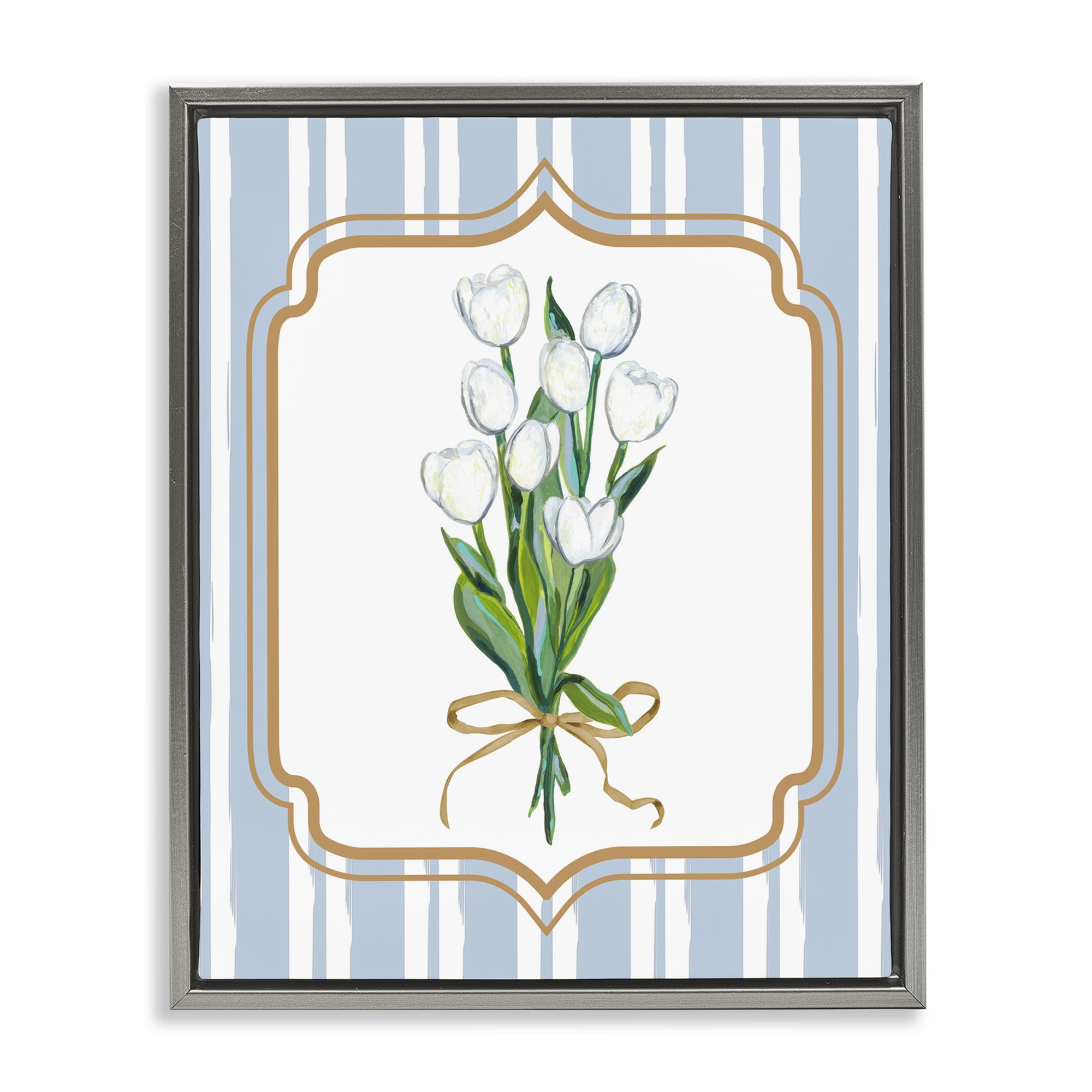 White Tulip Bouquet & Stripes Gray Framed Floater Canvas Wall Art, design by Adonna Ebrahimi