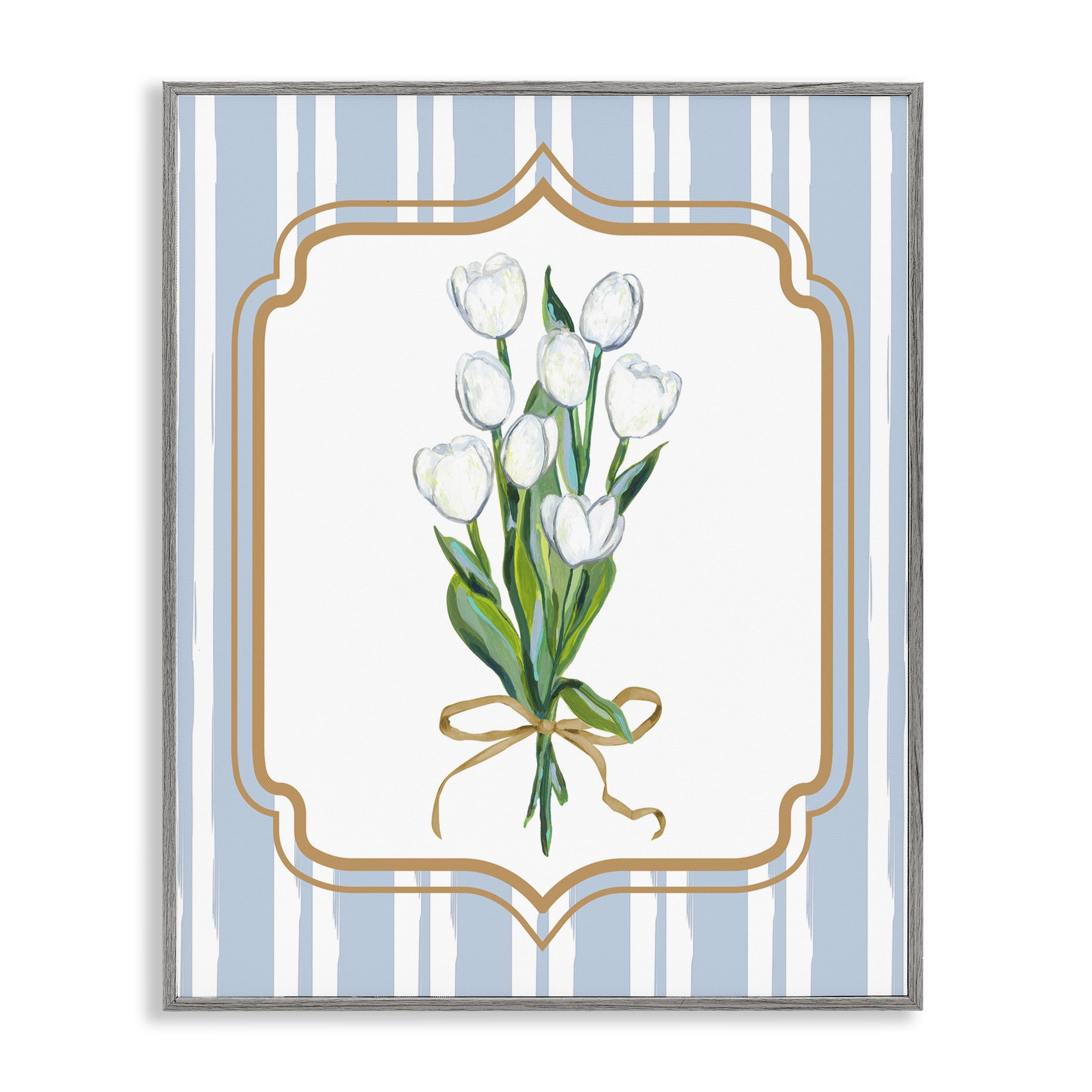 White Tulip Bouquet & Stripes Gray Framed Giclee Art, design by Adonna Ebrahimi