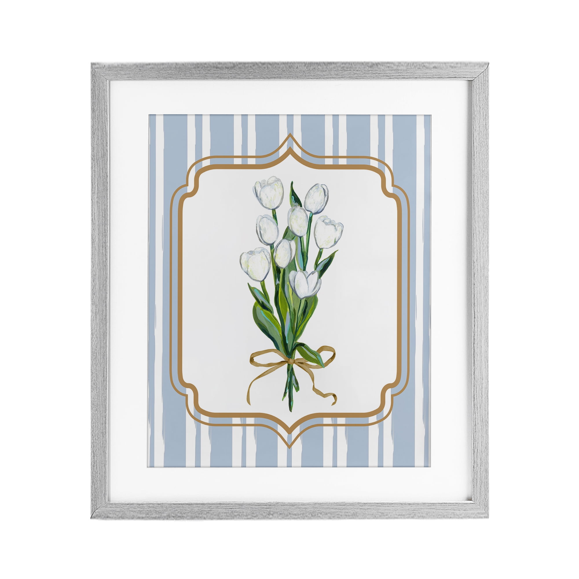 White Tulip Bouquet & Stripes Gray Framed Print Under Glass, design by Adonna Ebrahimi