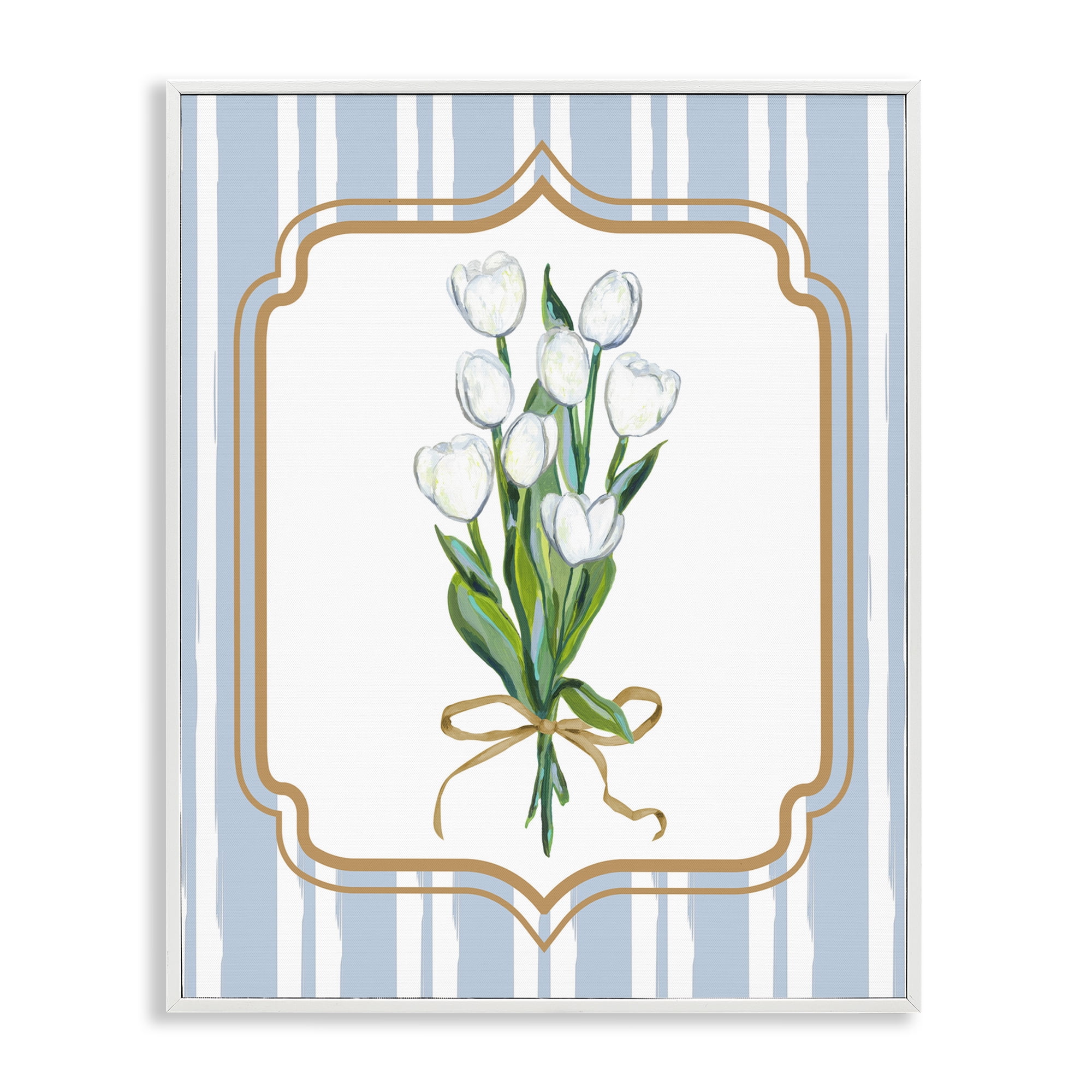 White Tulip Bouquet & Stripes White Framed Giclee Art, design by Adonna Ebrahimi