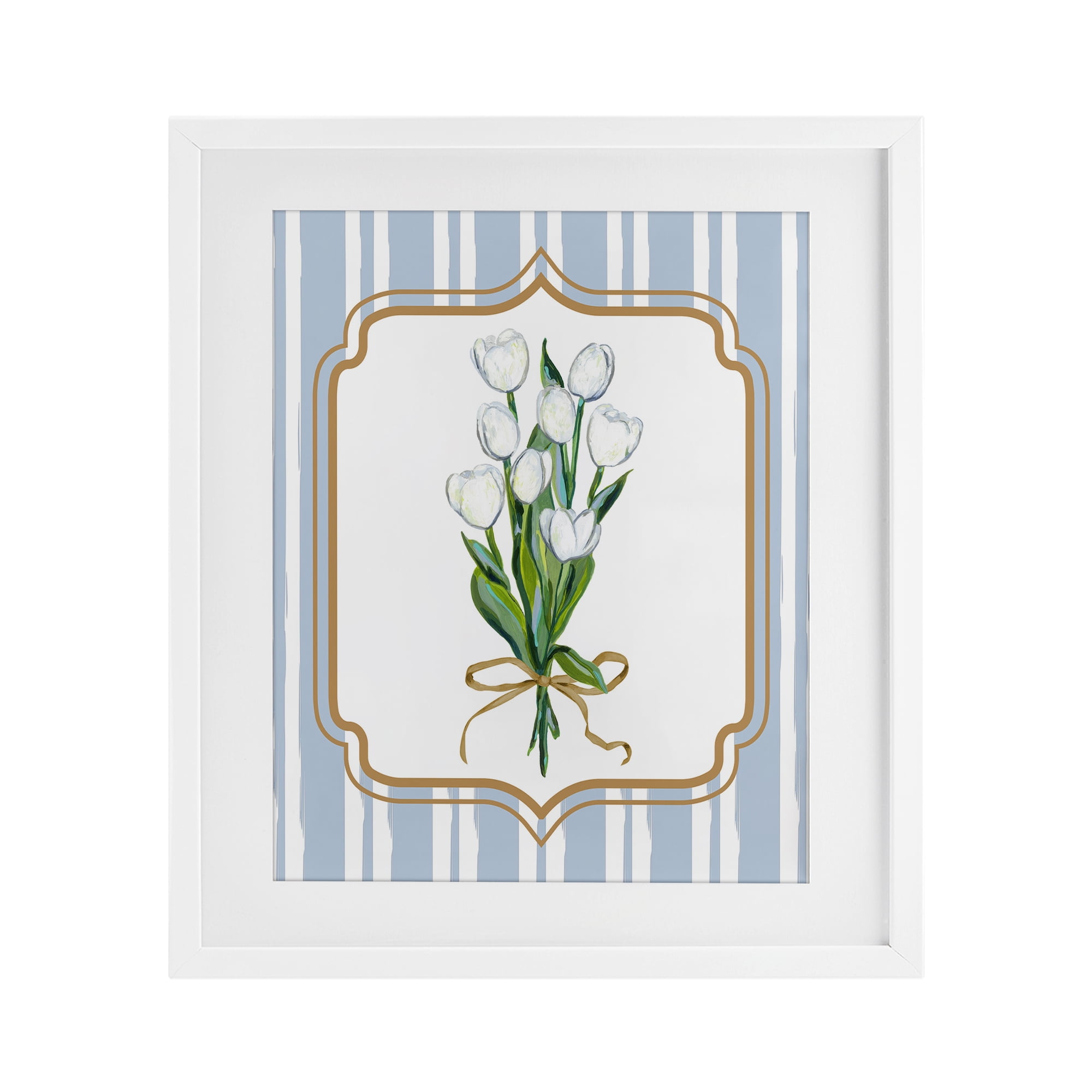 White Tulip Bouquet & Stripes White Framed Print Under Glass, design by Adonna Ebrahimi