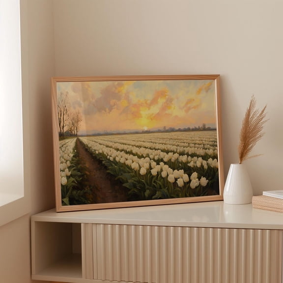 White Tulip Field Wall Art – Golden Sunrise Over Blooming Spring Flowers – Peaceful Horizontal Floral Landscape Poster Wall Art, Modern Wall Decor, 8x12 UNFRAMED