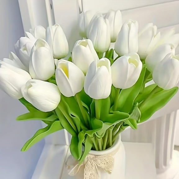 White Tulip Flowers HYG Artificial Tulip Silk Flowers Fake Flowers Real Touch Tulips Bouquet Faux Flowers for Floral Arrangement Wedding Valentine's Day Mother's Day Table Centerpiece,20 Pcs 13 inch