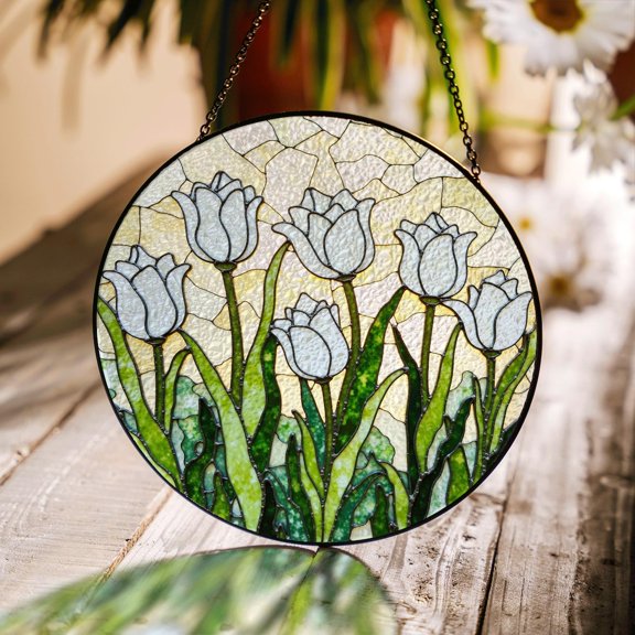 White Tulip Garden Round Glass Suncatcher Window Art Gift For Mothers Day Or Spring Birthday, Suncatcher Window Hanging, 3.5 in