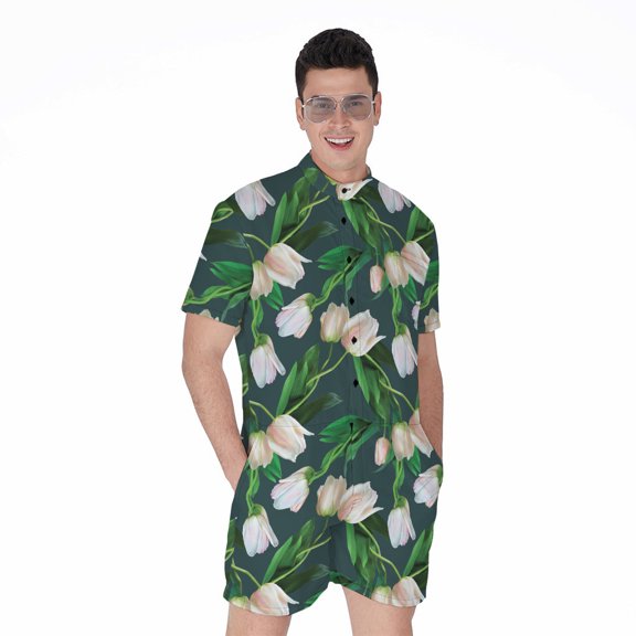 White Tulip Pattern Short Sleeve Men'S Rompers Casual Summer Jumpsuits Outfit