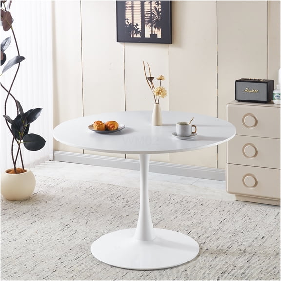 White Tulip Pedestal Dining Table for 4-6 People, Mid-Century Modern Round MDF Top Kitchen Table with Sturdy Metal Base