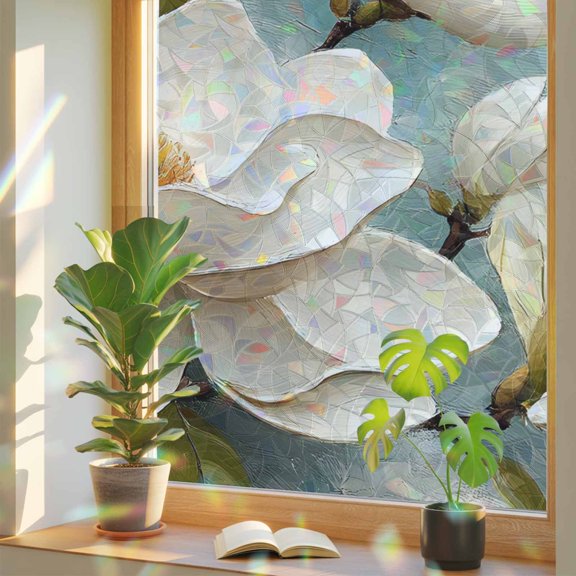 White Tulip Spring Blossom Floral Window Privacy Film, Rainbow Film Decorative Window Sticker 17.7x39.3in, Still Life Blue Gradient Sun Blocking Static Stained Glass Cling Tint Non-Adhesive