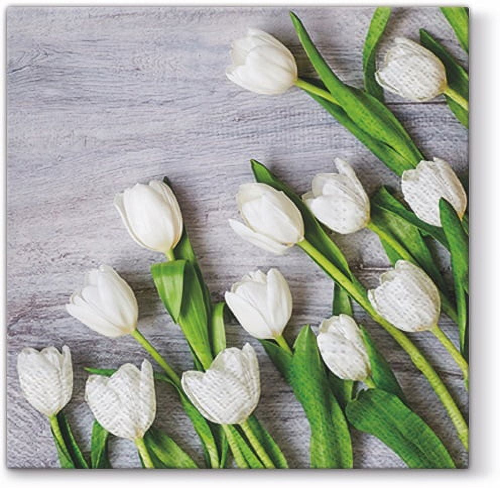 White Tulips Floral Decorative Lunch Paper Napkins 100pcs - Perfect for Decoupage, Spring Party, Birthday, Special Occasions, Weddings