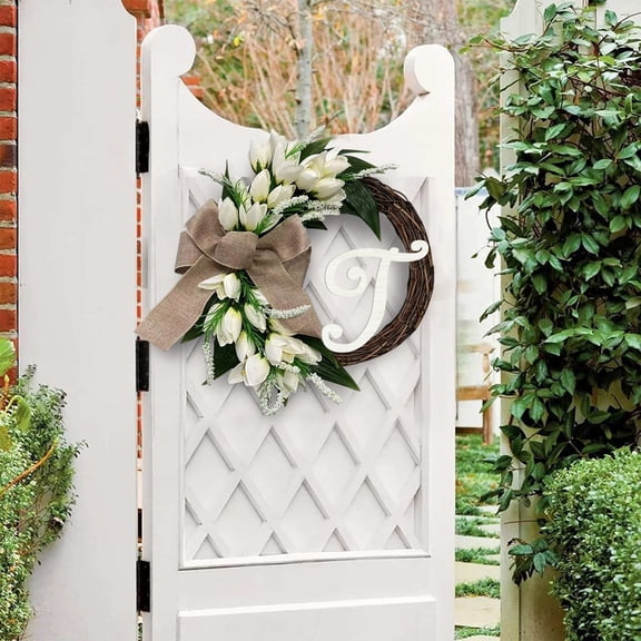 White Tulips Monogram Initial Front Door Wreath 14.5inch Rattan Wreath with Jute Bow White Letters Decorative Farmhouse Style Rustic Door Decor for Wedding Party, Mother' S Day & Father's Day, T