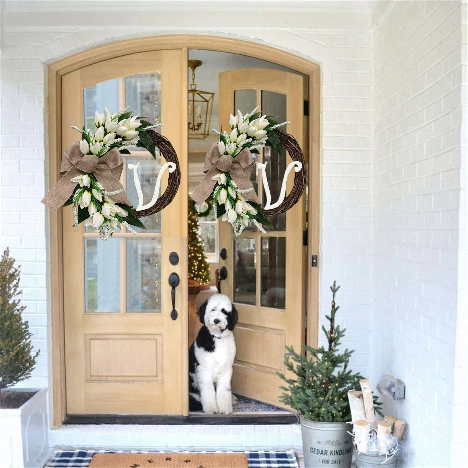 White Tulips Monogram Initial Front Door Wreath 14.5inch Rattan Wreath