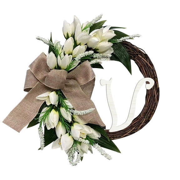 White Tulips Monogram Initial Front Door Wreath 14.5inch Rattan Wreath with Jute Bow White Letters Decorative Farmhouse Style Rustic Door Decor for Wedding Party, Mother' S Day & Father's Day, #V