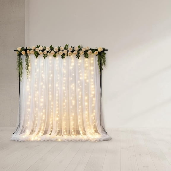 White Tulle Backdrop Curtains with Lights String - Fairy Lights Sheer Curtain Backdrop for Wedding Photo Shoot Party Decoration