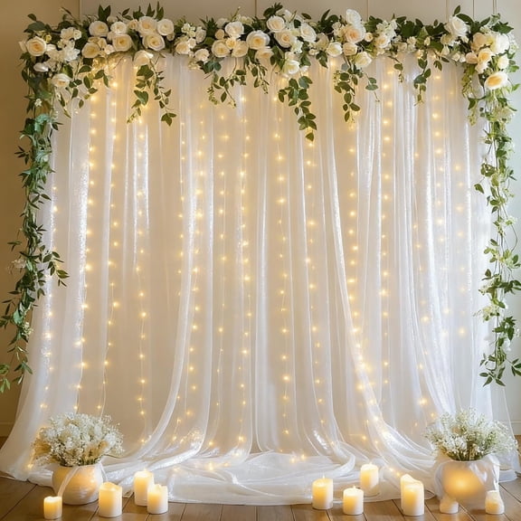 White Tulle Backdrop with Fairy Lights for Parites Wrinkle-Free Shiny Sheer Curtain Photo Drop Drapes for Shower Birthday Photography Decorations