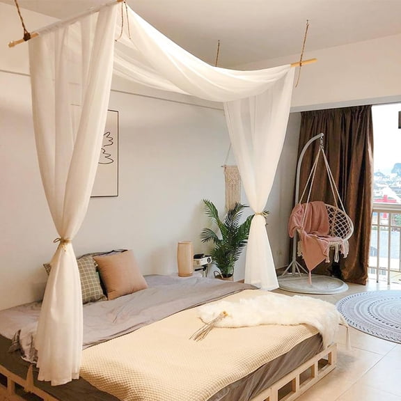 White Tulle Bed Canopy for Girls King Queen Full Twin Size with Hanging Poles and Hooks, Sheer Curtains for Bedroom Decor