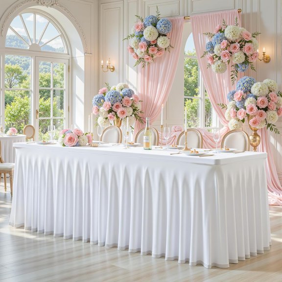 White Tulle Rectangle Tablecloth - 6 Foot Rectangle Party Wedding Table Cloths - 6ft Stretch Ruffle Tablecloths - Spandex Fitted Table Cloth - Engagement Baby Shower Baptism Decorations