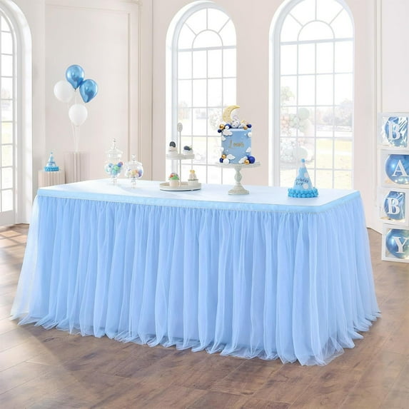 White Tulle Table Skirt Extra Long Transparent Ruffled Table Cover Recyclable Table Cloth for Wedding Birthday Banquet Party Dessert Table Decor Create Romantic Atmosphere