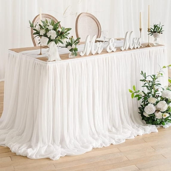 White Tulle Table Skirt | Extra Long Transparent Tablecloth with Ruffled Edge for Wedding, Birthday, or Banquet Decoration | Reusable Polyester Fabric for Party, Baby Shower, or Dessert Table