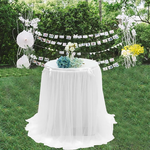 White Tulle Table Skirt for Spring Parties & Graduation Celebrations – Small Size Mesh Table Cover for Dessert Tables, Easy Hook-On Installation, Washable & Reusable Party Decoration (Tulle, S Size)