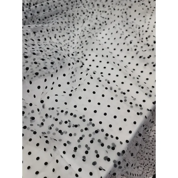 White Tulle W/ Felted Small And Tiny Black Polka Dots Fabric Sold By The Yard