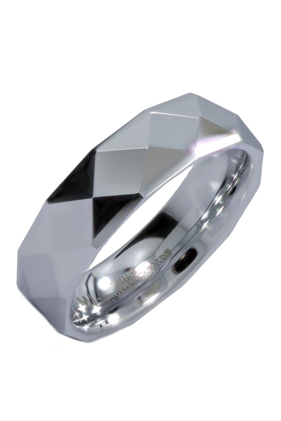 White Tungsten Carbide Wedding Band Multi Faceted Mirror Polished 6mm Ring