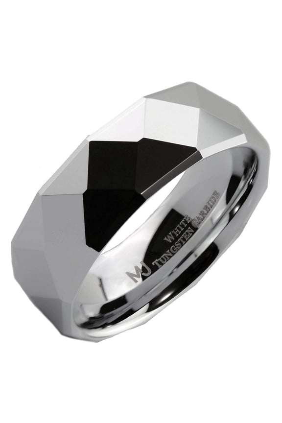 White Tungsten Carbide Wedding Band Multi Faceted Mirror Polished 8mm Ring