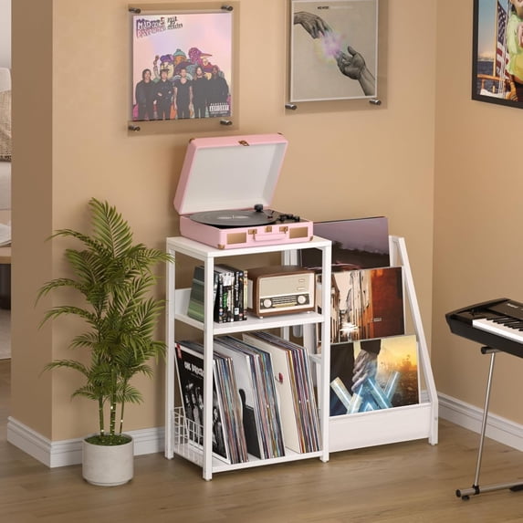 White Turntable Table with 3 Tier Vinyl Storage, Record Player Organizer Cabinet for Home Office