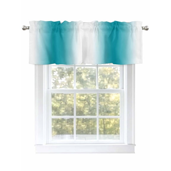 White Turquoise Gradient Texture Valances for Windows, Rod Pocket Kitchen Valance Curtains - Soft & Washable Small Window Treatment for Living Room,&nbsp;Bathroom, Abstract Ombre Art, 54x18inch