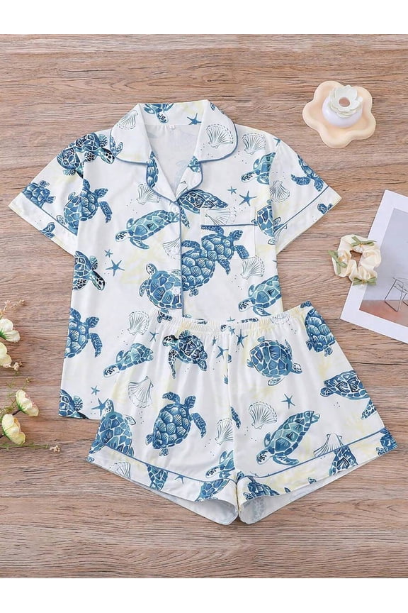 White Turtle & Sea Shell Print Womens Pajama Set, Short Sleeve Collared Top With Button Front And Loose Elastic Waist Shorts