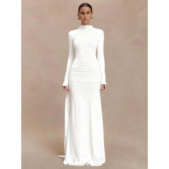 White Turtleneck Long Sleeve Maxi Dress With Ruched Waist