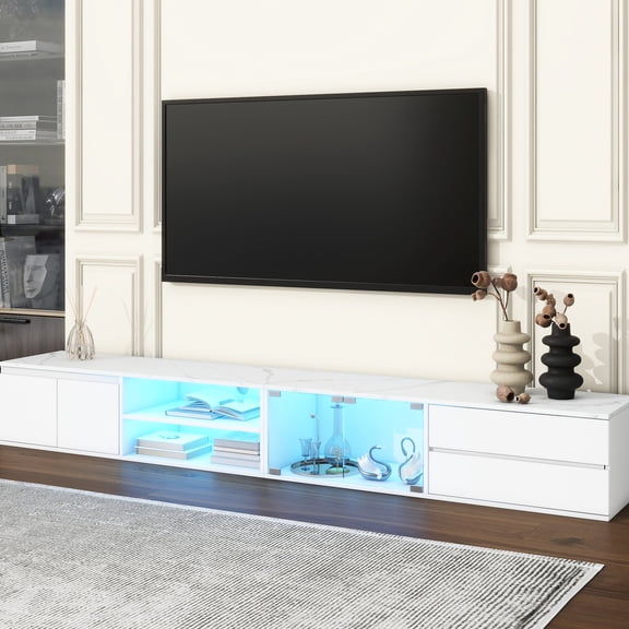 White Tv Stand With Smart Operated Led Lights, Faux Marble Tabletop, 2 Drawers & Cabinets, Tempered Glass Doors Controlled Entertainment Center Storage, Doors,